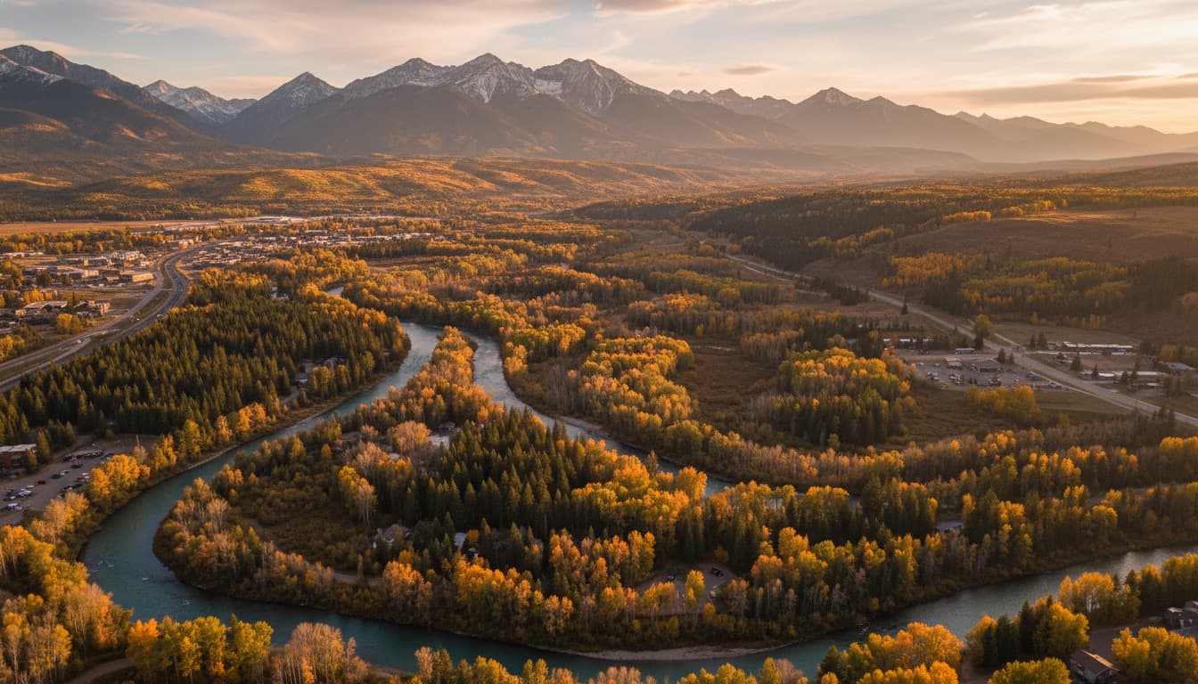 Aerial view of the Blue River winding through Silverthorne with the Tenmile Range in autumn
