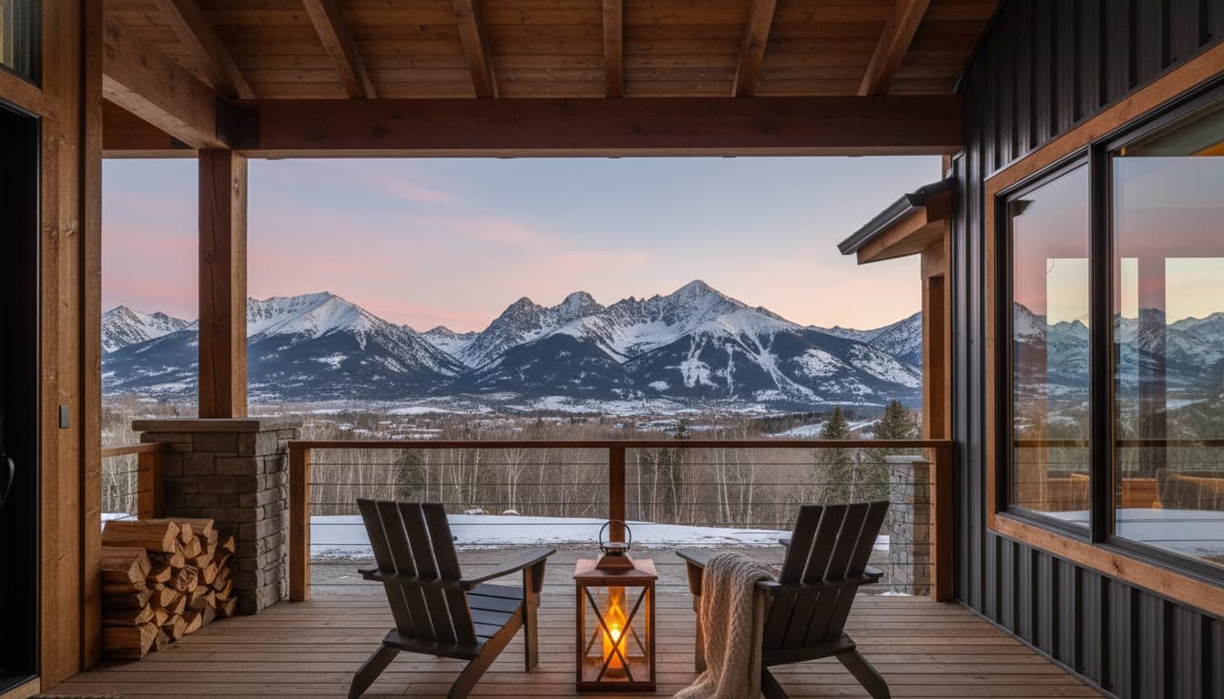 Front porch of a Silverthorne mountain rental at dusk with snow-capped peaks beyond