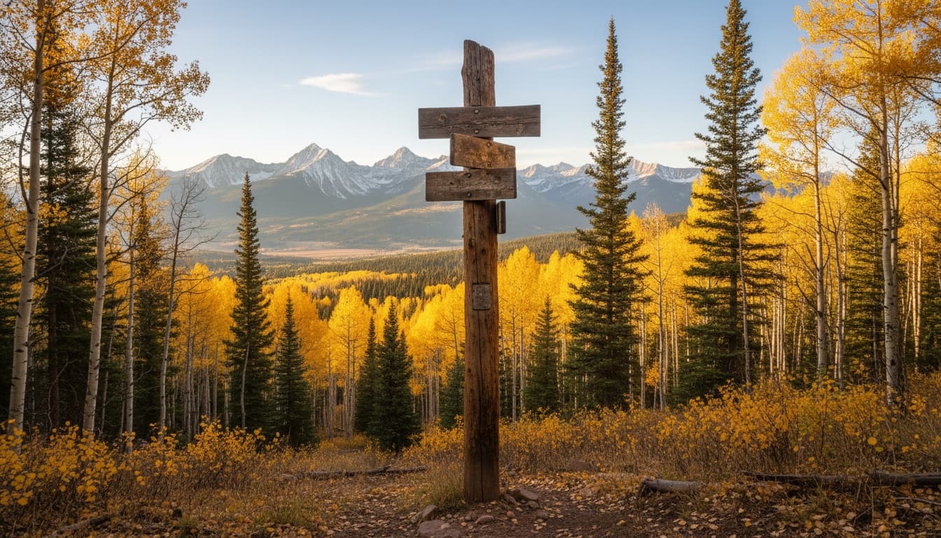 Wooden trail signpost in a Summit County forest with the Tenmile Range in the distance