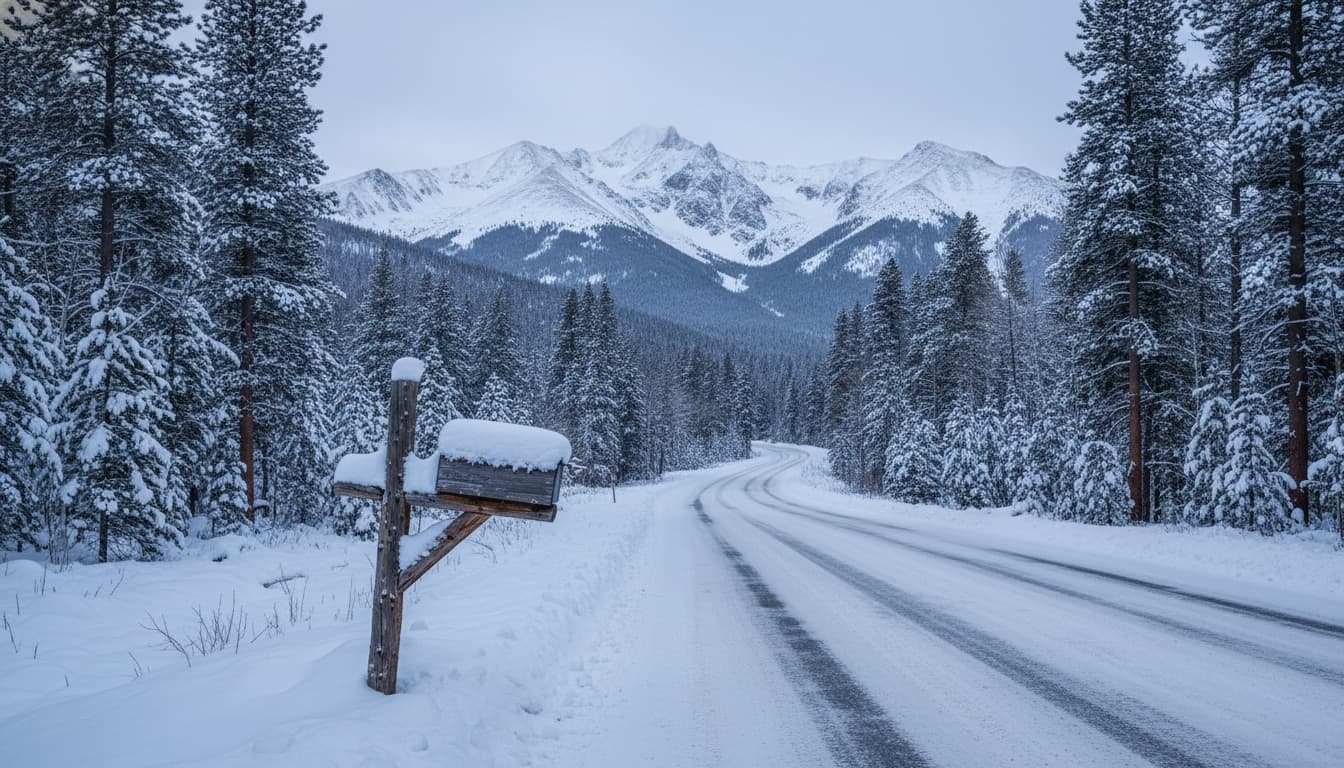 Rustic mailbox at the edge of a snowy mountain road near Silverthorne with peaks beyond