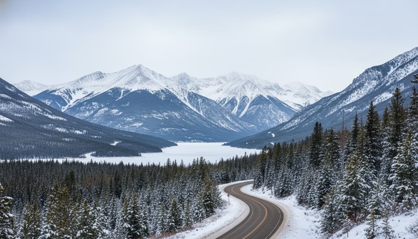 Snowy mountain road through pines near Dillon Reservoir in Summit County